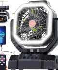 Beast 20000mAh Portable Camping Fan with Remote Control, USB C Rechargeable, black, shown with phone charging and controls visible.
