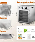 Slick Eight Tier Food Dehydrator Making Tough Jerky Dried Fruit Fresh Herbs And Custom Dog Bites 500W package contents with trays and accessories.