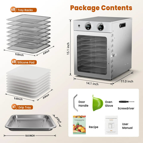 Slick Eight Tier Food Dehydrator Making Tough Jerky Dried Fruit Fresh Herbs And Custom Dog Bites 500W package contents with trays and accessories.
