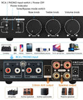 Front and back panel of Beast 300W Per Channel Class D Stereo Amplifier with controls and input options, including phono input.