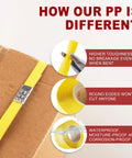 Built Tough For Heavy Lifting No Hassle Polypropylene PP Strapping Half Inch By 1000 Feet Pallet Securing Kit With Self Dispenser Box For Hand Tools 300 Pound Break Strength Secure Loads Fast showing yellow strapping on cardboard.
