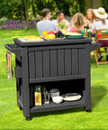 85 Quart Rolling Patio Cooler Cart With Built In Bottle Opener And Drainage On Wheels for Backyard BBQ Parties, black, in garden setting