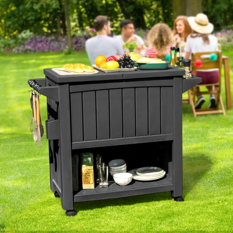 85 Quart Rolling Patio Cooler Cart With Built In Bottle Opener And Drainage On Wheels for Backyard BBQ Parties, black, in garden setting
