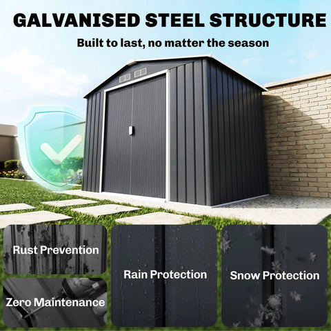 7x4 Outdoor Metal Storage Shed With Foundation Kit, Double Lockable Doors, Air Vents, Sloped Roof in Dark Gray, Backyard