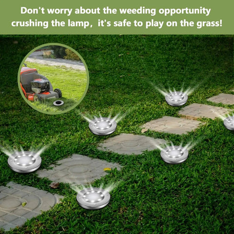 Solar Outdoor 8 LED Ground Lights For Pathway And Garden Waterproof Landscape Lights shown on garden pathway