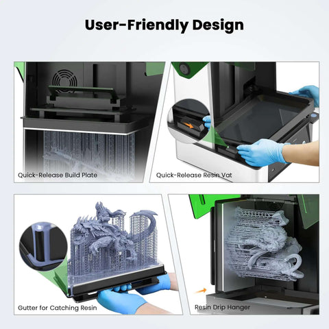 User-friendly design features of GK3 Ultra 13.5 Inch Resin 3D Printer With 16K LCD High Resolution And Beefy Build Volume with build plate and resin vat.