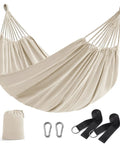 Double Hammock 98.4 X 59.1 Inches With 660 Lb Capacity Breathable Cotton Polyester Fabric Backyard Oasis Lounge shown with accessories
