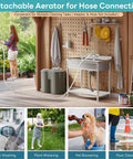 Leak Free Heavy Duty Commercial Kitchen Sink Faucet With 4 Inch Center And 10 Inch Swivel Spout Two Hole Wall Mount Brass Construction For Two Or Three Compartment Sinks Bar Hand Sink Restaurant Laundry Garage shown in use with garden hose connection for outdoor cleaning tasks.