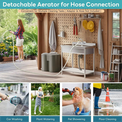 Leak Free Heavy Duty Commercial Kitchen Sink Faucet With 4 Inch Center And 10 Inch Swivel Spout Two Hole Wall Mount Brass Construction For Two Or Three Compartment Sinks Bar Hand Sink Restaurant Laundry Garage shown in use with garden hose connection for outdoor cleaning tasks.