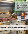 Wireless Meat Thermometer For Grilling And Smoking With 3 Probes, Digital Remote Monitor next to grill with meat and ambient readouts.