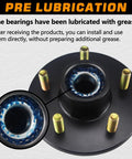 Trailer hub kit, black hub with blue prelubricated bearing; close-up view of 5-lug 4.5in bolt pattern.