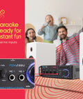 Compact 200W Bluetooth Power Amplifier For A 2 Channel Home Stereo Setup With Karaoke Ready Dual Mic Input RCA USB A And SD Card MP3 Player FM Radio AUX In And Remote Control with family enjoying karaoke.