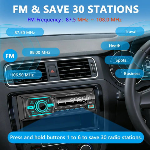 Car dashboard with Bluetooth Single Din Car Stereo With Hands Free Calling, FM station display, digital tuner.