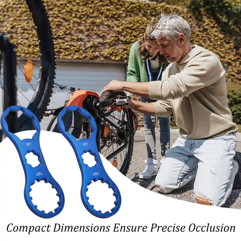 Beefy Blue Aluminum Fork Cap Wrench For Suntour XCM XCR XCT RST Suspension MTB Front Fork Spanner displayed near bike repair scene