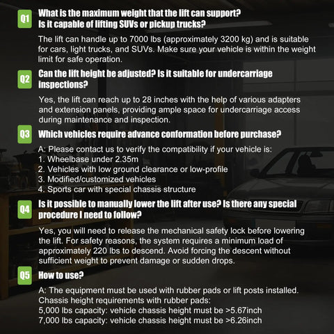 Specifications and FAQs for the Beefy 7000 Lbs Portable Car Lift with 26.8 Inch Max Height, suitable for cars, SUVs, and light trucks.