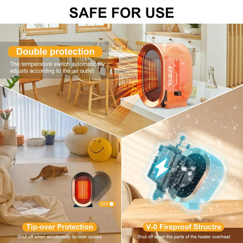 Diagram highlighting safety features of Portable 1200W Ceramic Space Heater For Desk And Home, Fast Quiet Heating.