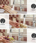 FORIOUS Kitchen Faucet with Pull Down Sprayer, Lead-Free Stainless Steel using sweep, stream, and spray functions.