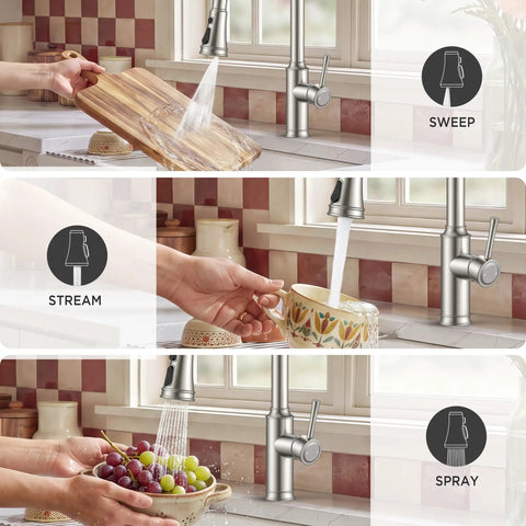 FORIOUS Kitchen Faucet with Pull Down Sprayer, Lead-Free Stainless Steel using sweep, stream, and spray functions.