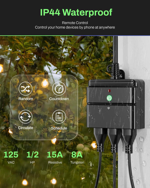 Outdoor Smart Plug With Timers And Countdown, Heavy Duty Weatherproof Outlet For Outdoor Lights showing IP44 waterproof rating
