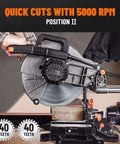 DOVAMAN Updated 10-Inch Sliding Miter Saw, front view, orange accents, spinning blade