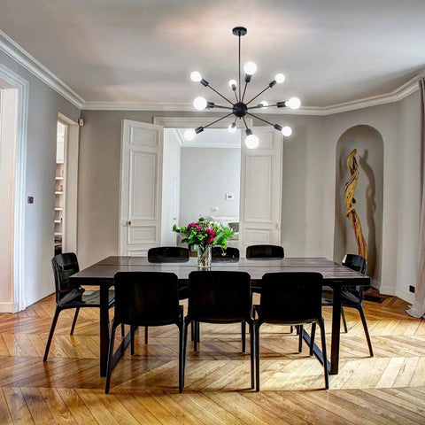 Dining room with Matte Black Sputnik Chandelier With 12 Lights Adjustable Modern Ceiling Fixture For Dining Room Kitchen Island Hallway Bedroom Vintage Industrial Vibe Style over table
