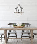 Dining room with Three-Light Farmhouse Pendant Chandelier With Hanging Wood Accents In Light Oak And Black Finish 23-Inch Ceiling Light