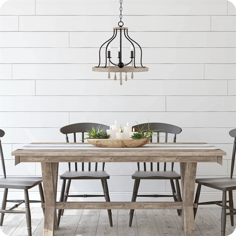 Dining room with Three-Light Farmhouse Pendant Chandelier With Hanging Wood Accents In Light Oak And Black Finish 23-Inch Ceiling Light