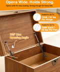 Toy box with open lid showing Two Pack 15 Inch Toy Box Hinges With 150N Gas Strut For Slow Gentle Close, brown wood chest