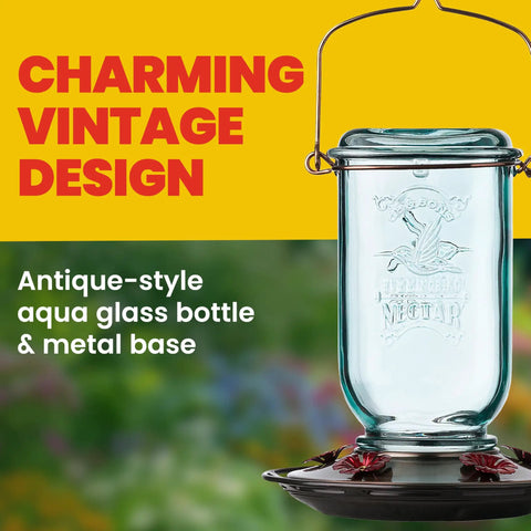 Vintage Aqua Mason Jar Hummingbird Feeder With Five Feeding Stations, 25 Ounce Glass Outdoor Backyard Bird Feeder, Easy Fill Wide Mouth Bottle