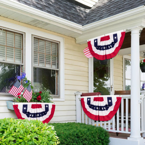 Three Piece Pleated Fan All American Flags Set 1.5x3 Ft Red White Blue Banners outdoor porch decor, weather resistant polyester