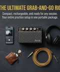 Portable 10W wireless guitar amp setup with USB-C battery, headphones, aux cable, and guitar picks. Text: The Ultimate Grab-and-Go Rig. 10W Wireless Portable Guitar Amp With Type C Rechargeable Battery, 6 Hours Playtime, Dual Channel Clean And Distortion, 3.5mm Headphone And AUX Jack, On The Go Practice And Travel Ready.