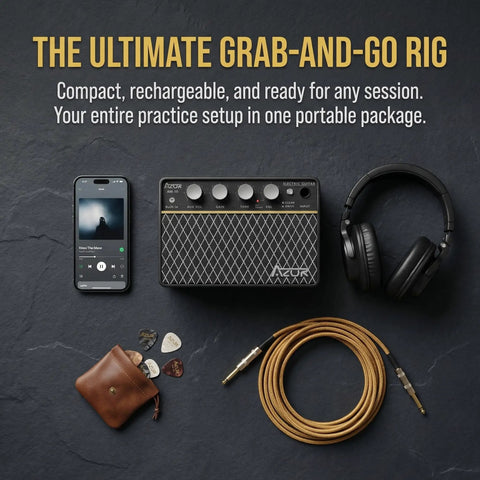 Portable 10W wireless guitar amp setup with USB-C battery, headphones, aux cable, and guitar picks. Text: The Ultimate Grab-and-Go Rig. 10W Wireless Portable Guitar Amp With Type C Rechargeable Battery, 6 Hours Playtime, Dual Channel Clean And Distortion, 3.5mm Headphone And AUX Jack, On The Go Practice And Travel Ready.