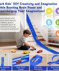 Child playing with Totally 15 Ft Flexible Race Track Set For Kids 3 Plus with 8 Cars, 4 Suction Cups, Blue DIY Modular Car Track.