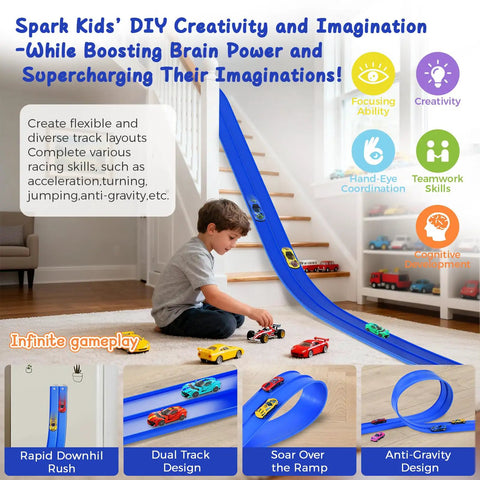 Child playing with Totally 15 Ft Flexible Race Track Set For Kids 3 Plus with 8 Cars, 4 Suction Cups, Blue DIY Modular Car Track.