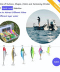 399 Piece Freshwater Fishing Lure Kit for Bass Trout and Salmon with crankbaits and angler fishing on boat