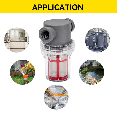Badass Heavy Duty 1/2 Inch Female NPT In Line Strainer For Garden Hose And Pressure Washer shown in various applications.