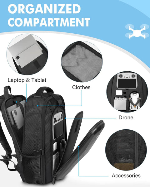 Open waterproof hard case backpack showing organized compartments for DJI Mini 4 Pro, Mini 3 Pro, 15.6-inch laptop, and accessories.