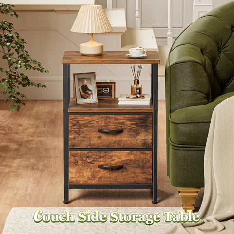 Rustic Brown Two Drawer Nightstand Set With Open Shelf And Wooden Top next to green couch in cozy living room.