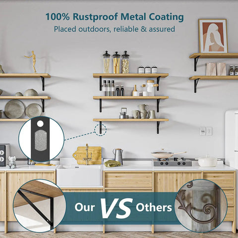 Rock Solid Heavy Duty Shelf Brackets 6 Pack Steel Wall Mount L Brackets 11.8 By 7.5 Inch mounted on kitchen shelves.