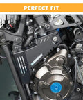 High-Performance Motorcycle Engine Oil Cooler And Coolant Reservoir Tank Protector Shield Cover Compatible With Yamaha Tenere 700 Rally Xtz700 showing engine with protective cover installed.