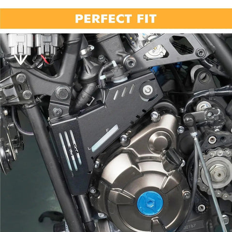 High-Performance Motorcycle Engine Oil Cooler And Coolant Reservoir Tank Protector Shield Cover Compatible With Yamaha Tenere 700 Rally Xtz700 showing engine with protective cover installed.