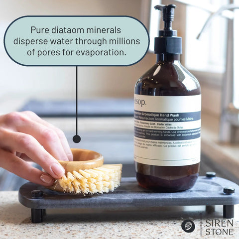 Top Tier Sink Organizer Tray Crafted From Ultra Absorbent Diatomaceous Earth Stone With Rugged Stainless Legs For Quick Drying Kitchen Counter Setup That Kills Puddle Problems with hand brush and soap.