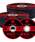 Front view of FOXBC 4.5-inch cut-off wheels for angle grinder; stainless steel cuts, 4.5 x .045 x 7/8 in, 50-pack