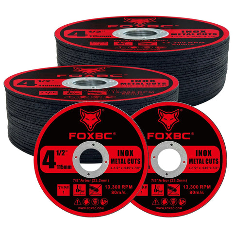 Front view of FOXBC 4.5-inch cut-off wheels for angle grinder; stainless steel cuts, 4.5 x .045 x 7/8 in, 50-pack