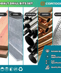 Image shows materials like wood, steel, stainless steel, copper, and aluminum for Rugged 1/8 Inch Cobalt Drill Bits 20 Piece Set M35 High Speed Steel.