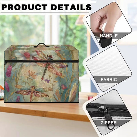 Dragonfly Flowers Sewing Machine Dust Cover With Pockets And Accessories Organizer, Stain Resistant, Machine Washable, Lightweight And Durable Polyester Protector For Most Standard Sewing Machines And Tools with detailed handle, fabric, and zipper close-up.