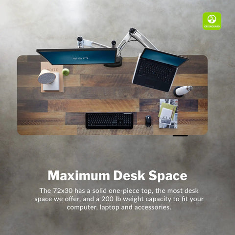 Premium Electric Height Adjustable Standing Desk 72 X 30 Inches With Reclaimed Wood Desktop and Rock Solid Steel Base, overhead view showcasing maximum desk space.