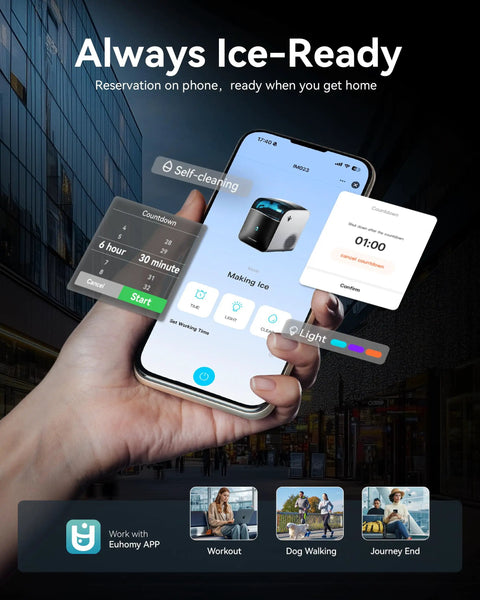 Hand holding smartphone showing app with Countertop Nugget Ice Maker With App Control And Self Cleaning interface.