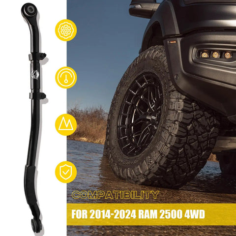 Front Adjustable Track Bar For 0-5 Inch Lift On 2014-2024 Ram 2500 4WD, forged steel with greasable heim joint; mounted on lifted truck
