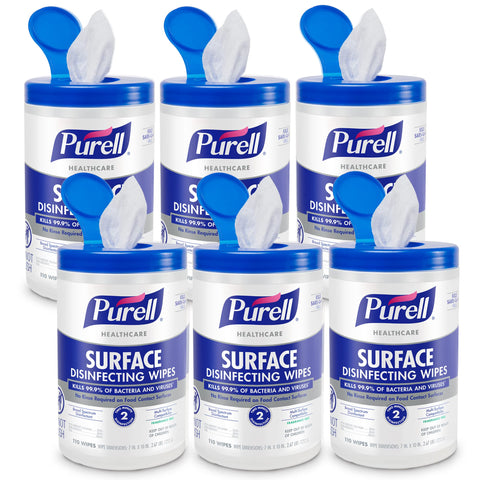 Heavy-Duty Healthcare Surface Disinfecting Wipes, 110 Count Canister shown in a set of 6, kills 99.9 percent of viruses and bacteria